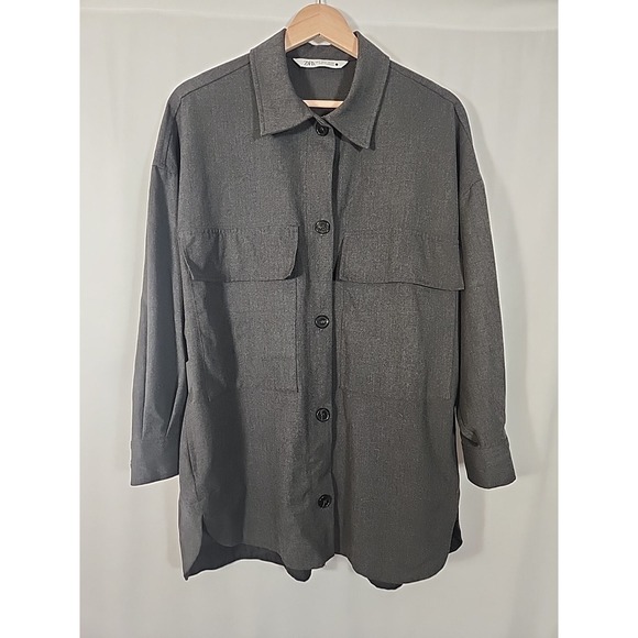 Zara Tops - ZARA Oversized Button Front Shirt Jacket Shacket Dark Gray Boxy Utility Womens S